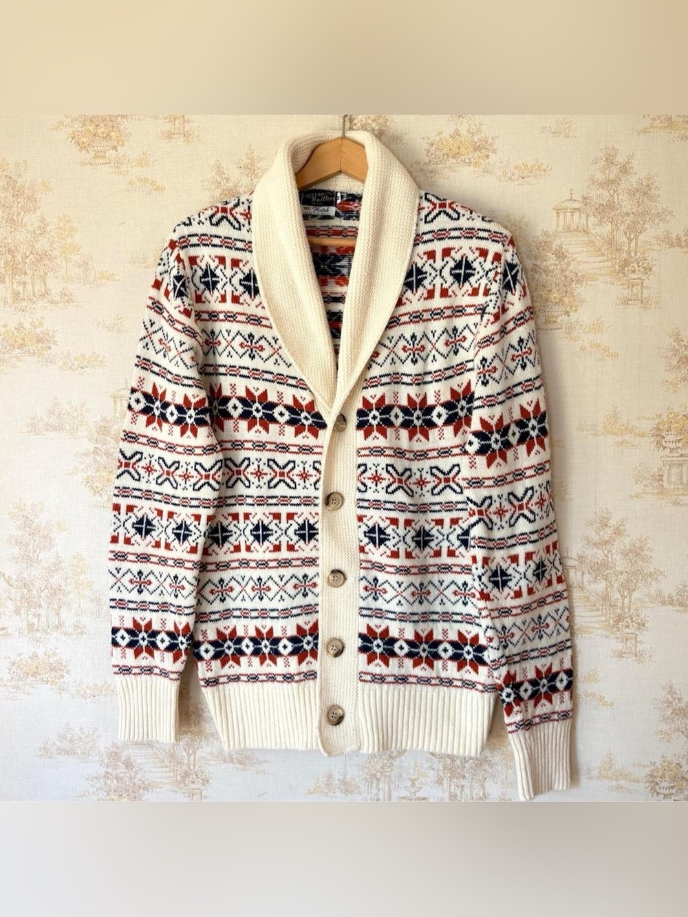 Vintage 70s Lucerne Knitters Cream Orange Nordic Fair Isle Shawl Collar Cardigan